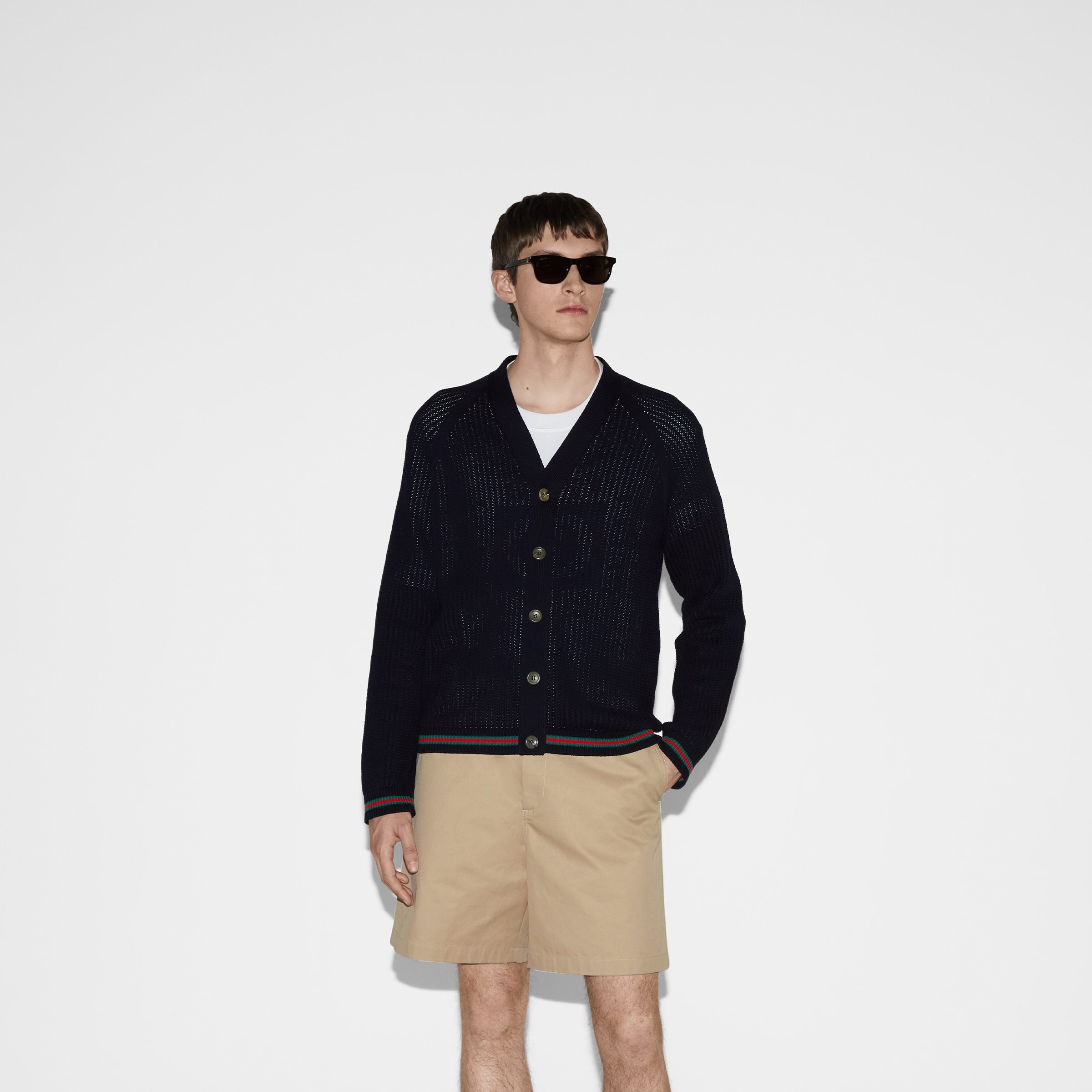 Ajour cotton knit cardigan with Web - 3