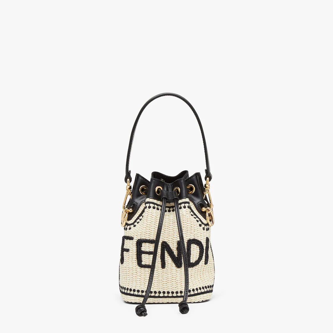 Small Mon Tresor bucket bag made of natural-colored woven straw with a moss-stitch effect, with blac - 1
