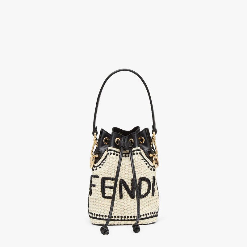 Small Mon Tresor bucket bag made of natural-colored woven straw with a moss-stitch effect, with blac 1