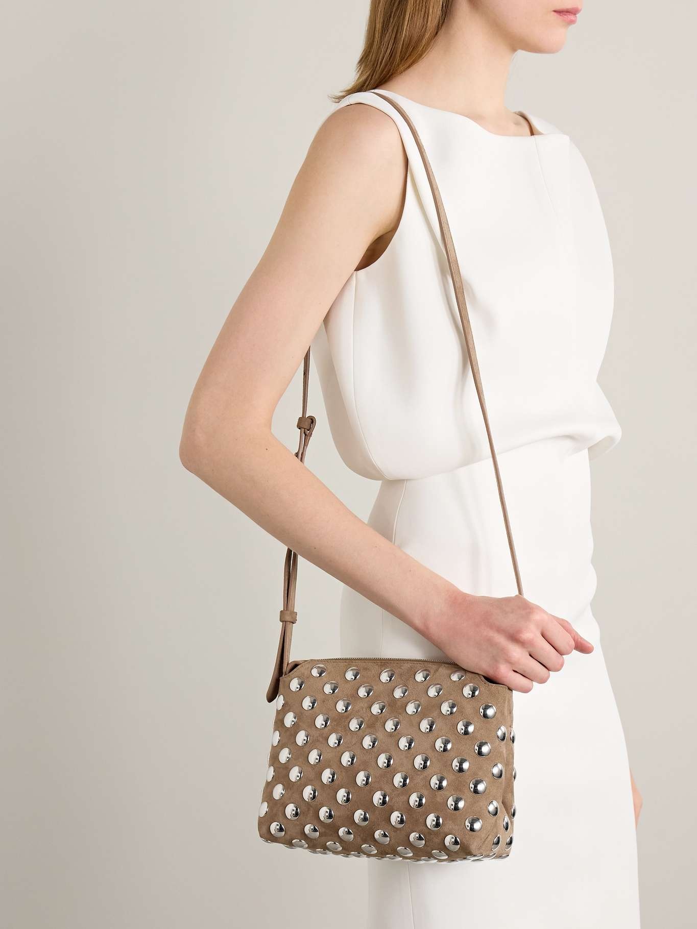 Lina medium studded suede shoulder bag Beige - 2