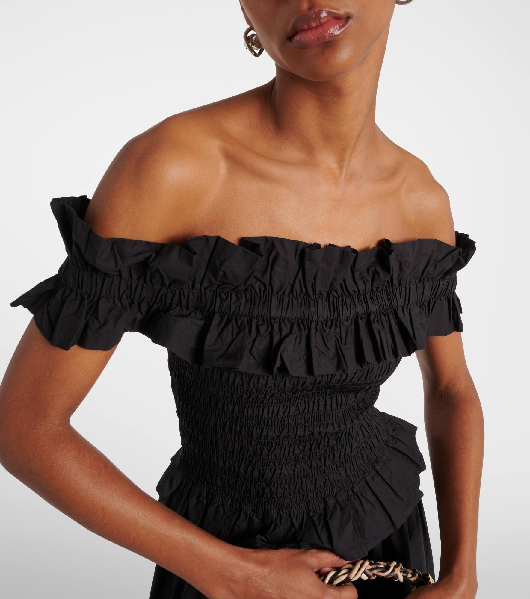 Smocked off-shoulder cotton poplin top - 4