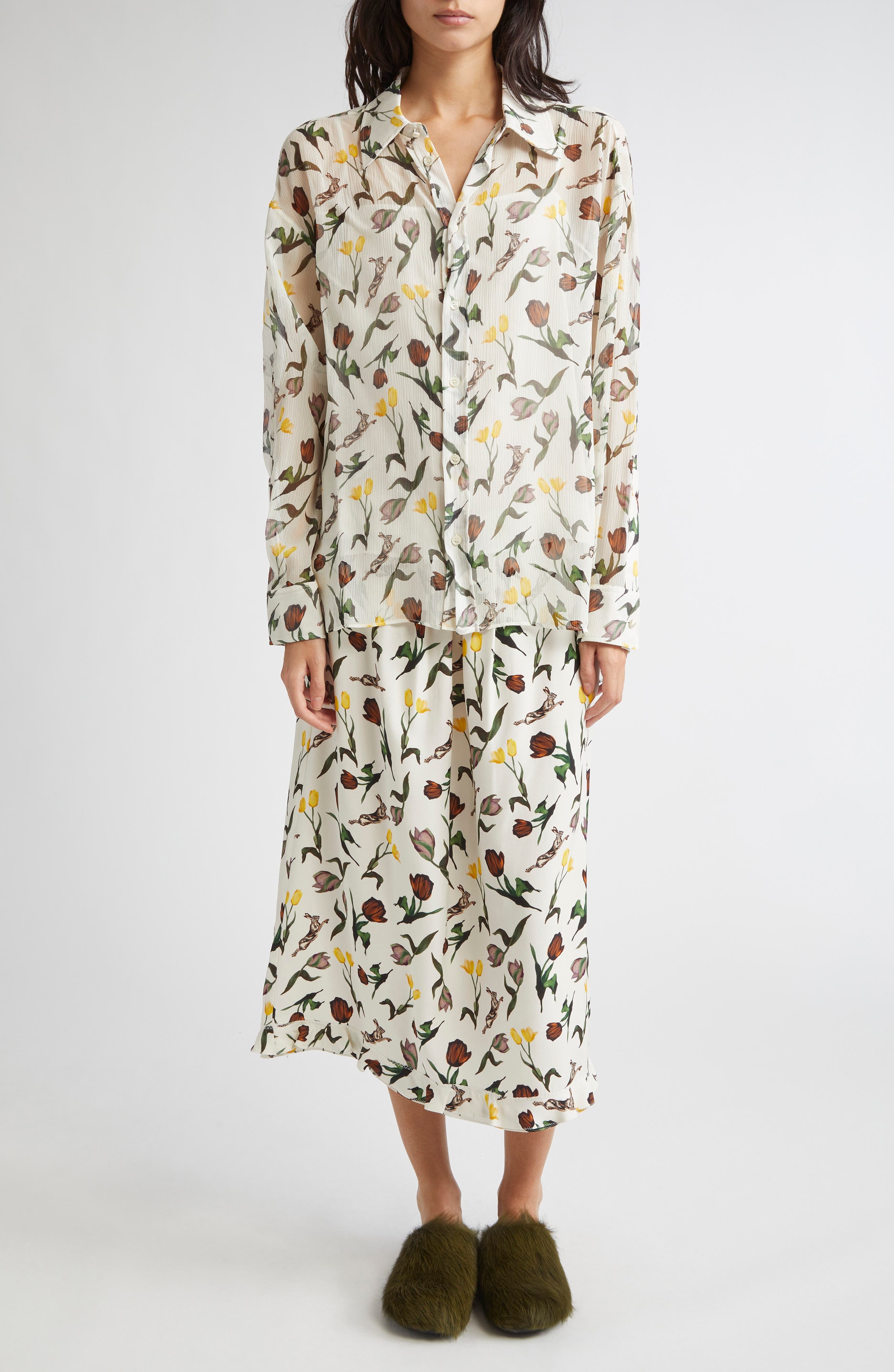 Marni Tulips & Hares Ruffle Hem Crepe Back Satin Midi Skirt in Limestone at Nordstrom - 2