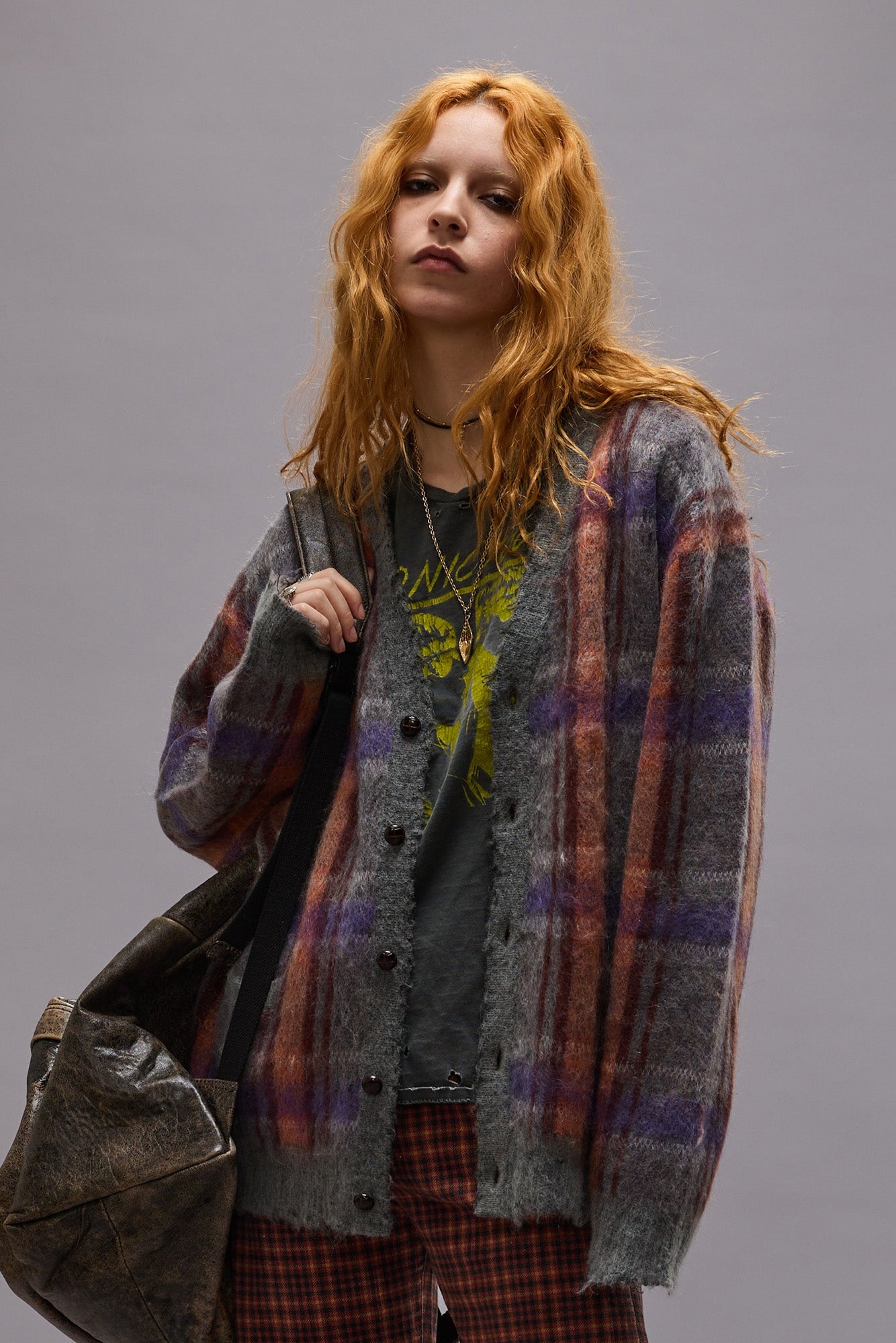 MOHAIR BOYFRIEND CARDIGAN - BROWN//ORANGE/PURPLE MOHAIR PLAID - R13 - 4