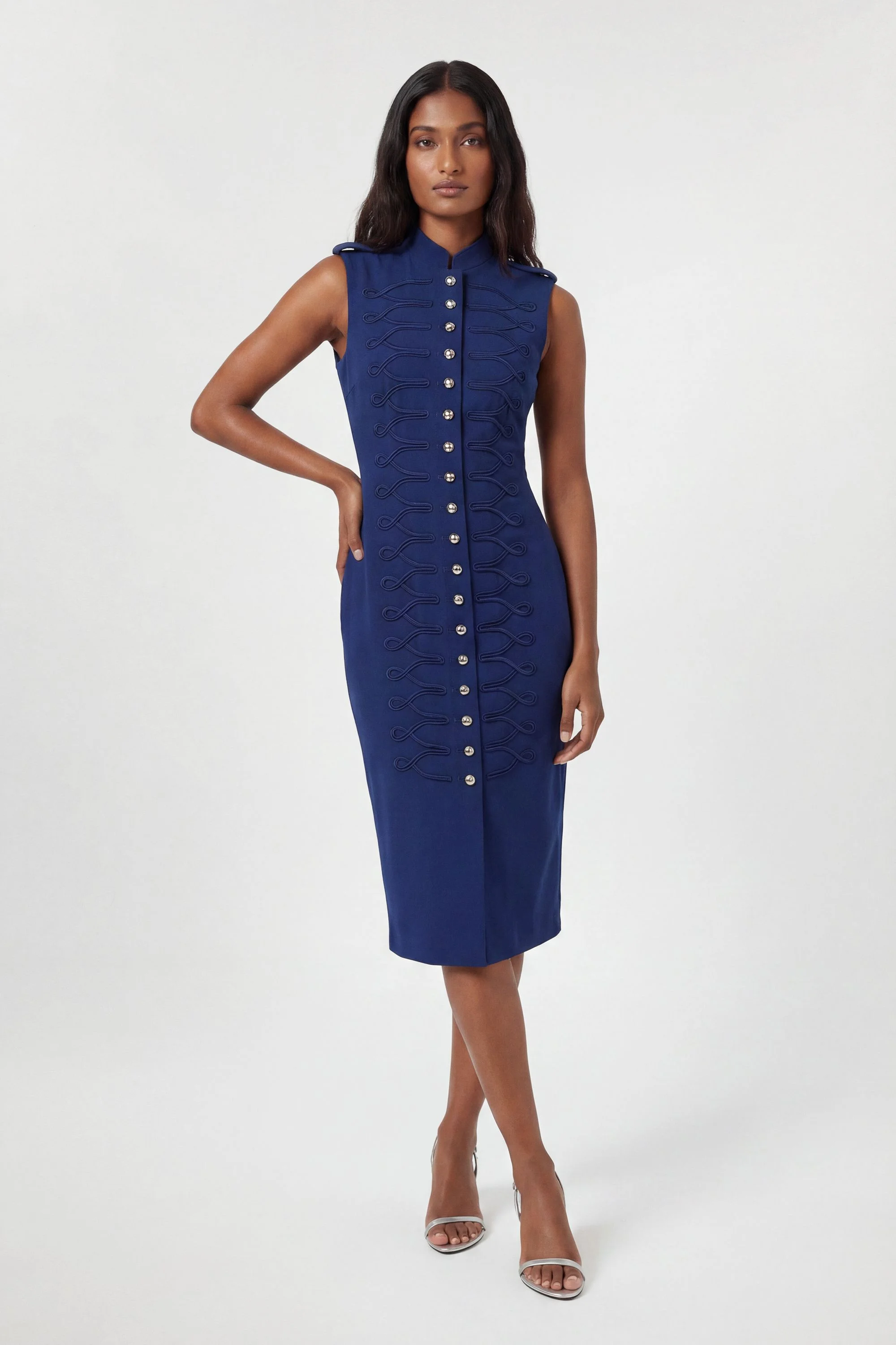 Petite Compact Stretch Button Detail Straight Pencil Dress - 1