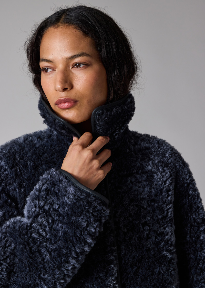 Women's Navy Reversible Leather and Shearling Coat 14