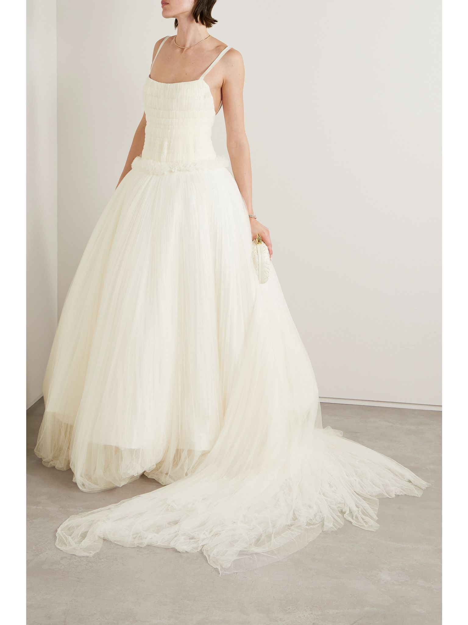 Guinevere shirred grosgrain-trimmed tulle gown Ivory - 2