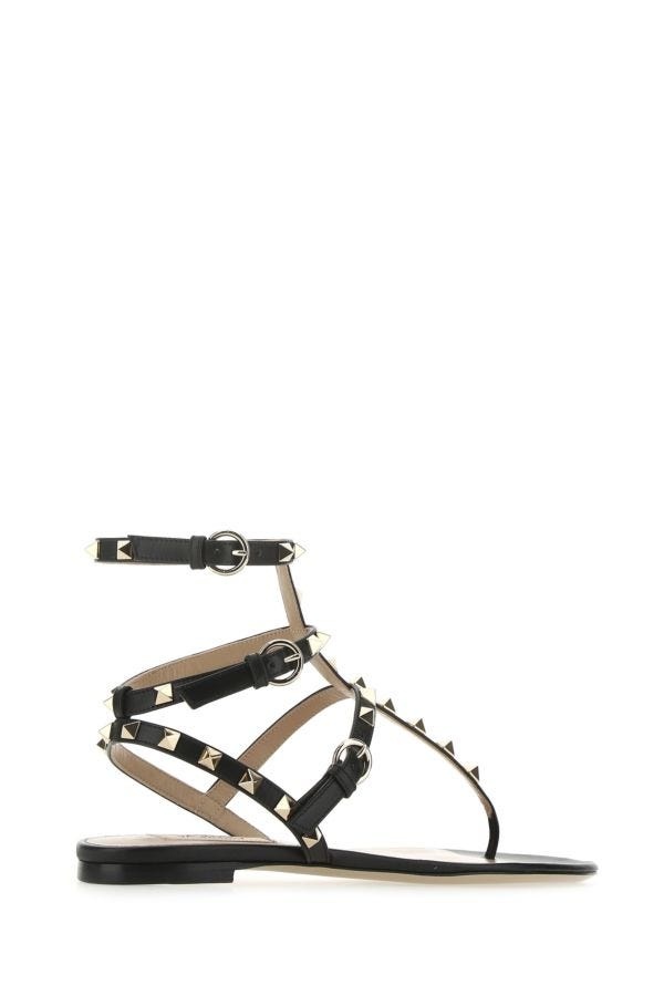 Valentino Garavani Woman Black Leather Rockstud Thong Sandals - 3