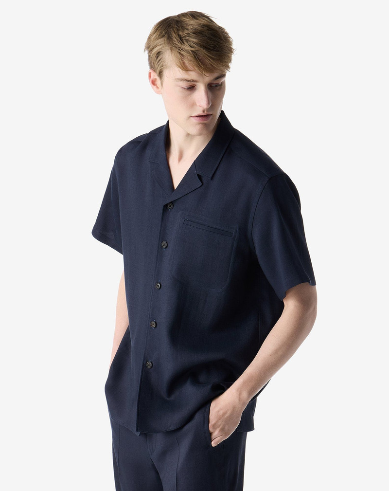 CORNELIANI Short-sleeved navy blue linen, wool and mohair shirt outlook