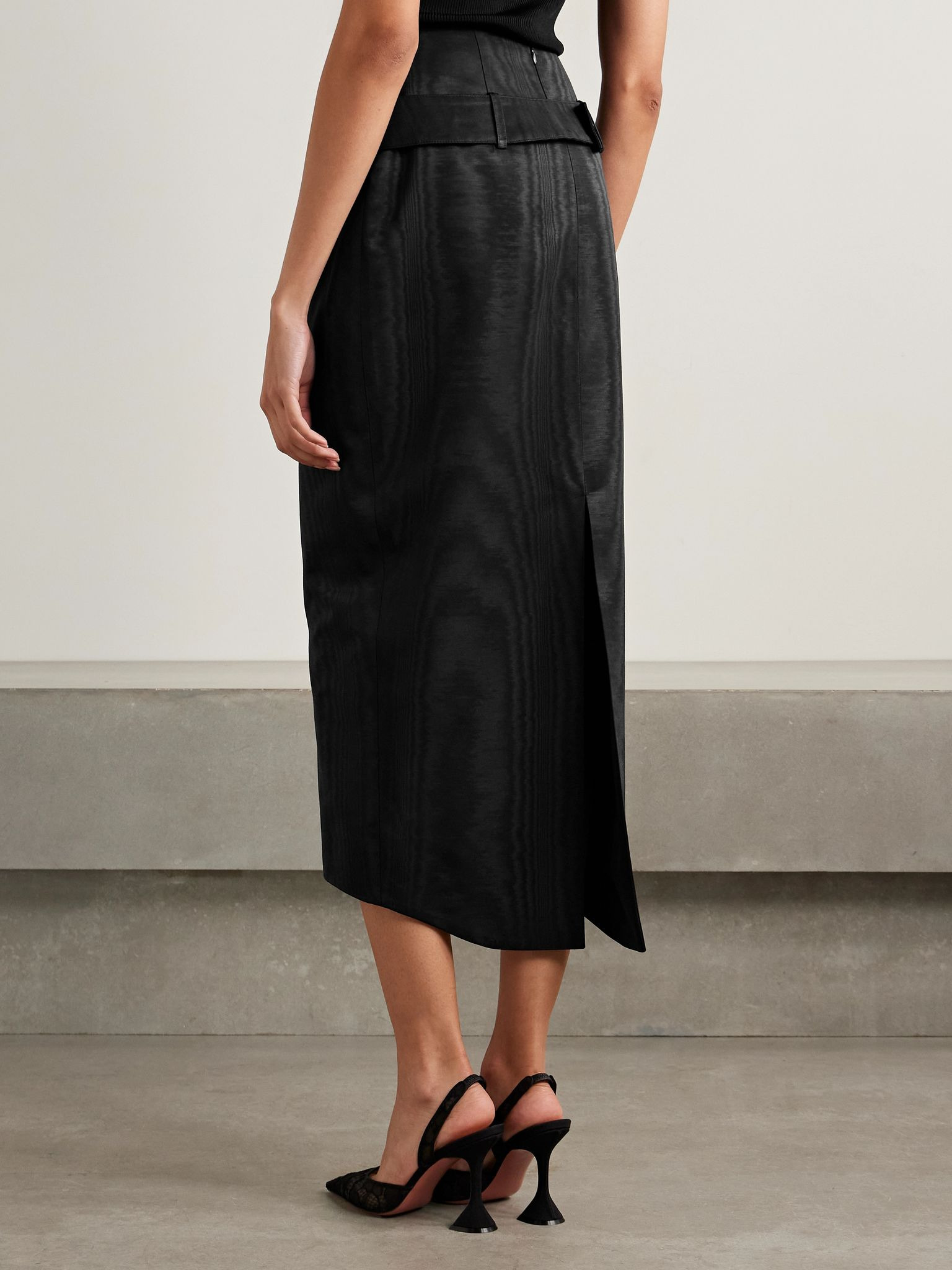 Salon belted recycled-moire midi skirt Black - 4
