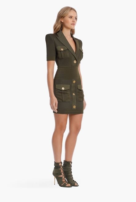 Short olive green viscose dress with gold-tone buttons - 7