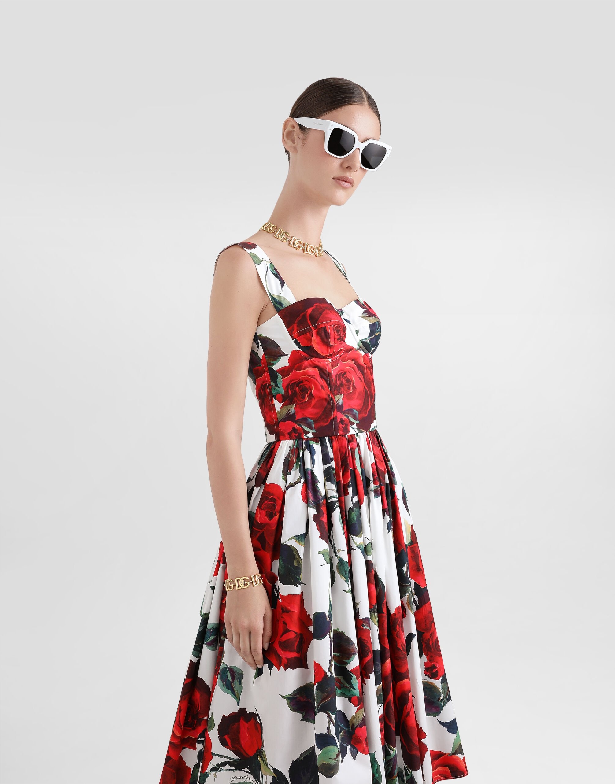 Calf-length corset dress with rose print - 4