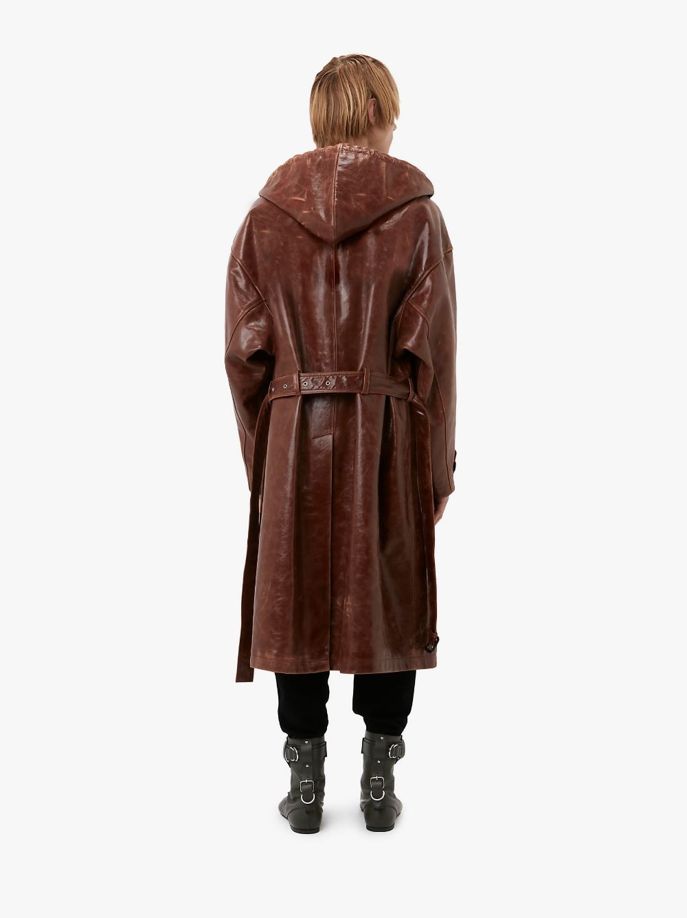 HOODED LEATHER TRENCH COAT - 3