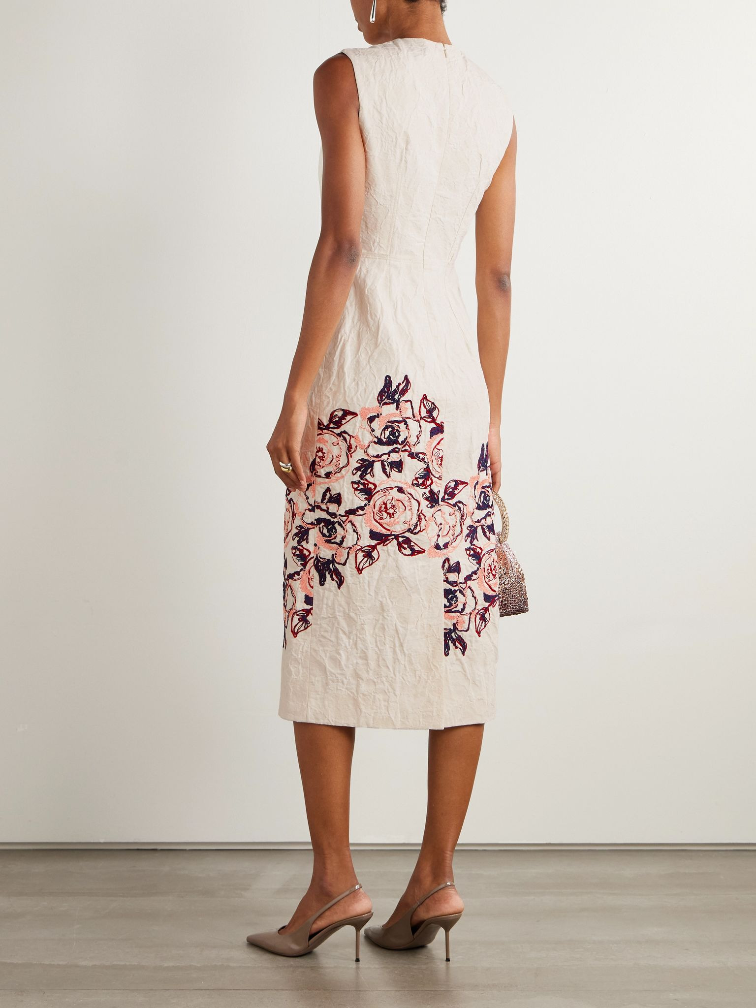 Embroidered cotton and linen-blend midi dress Ivory - 3