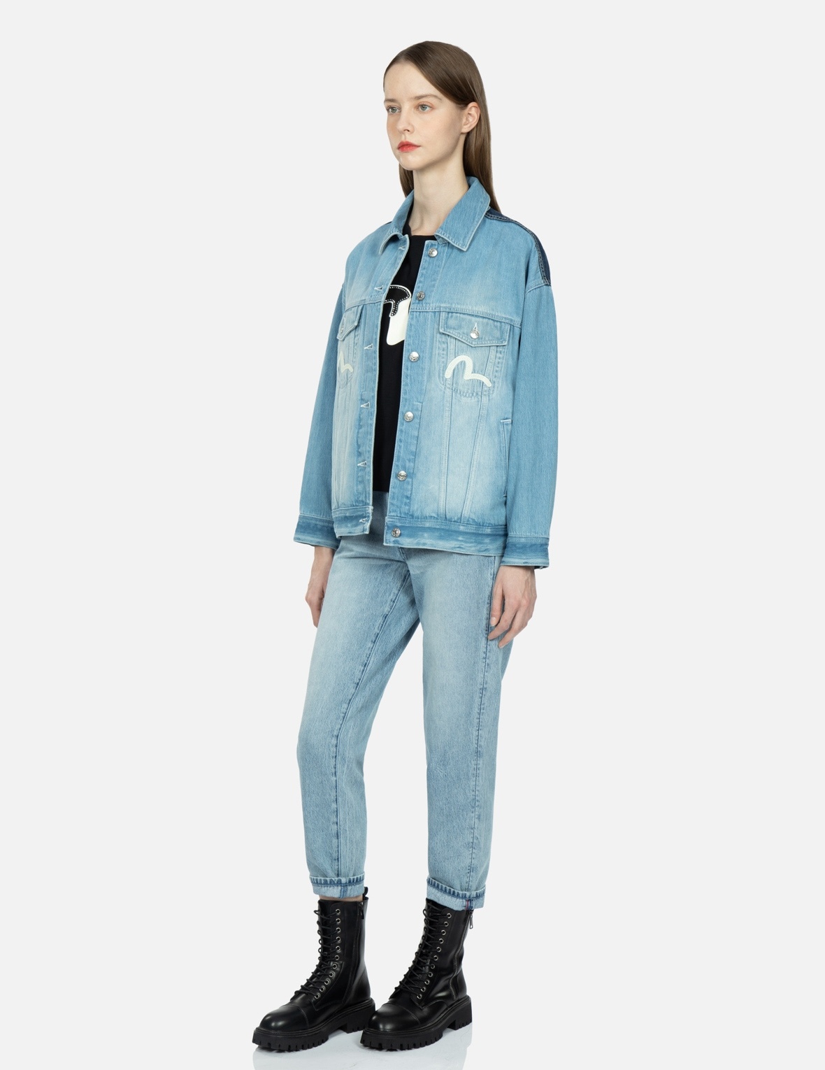 SEAGULL EMBROIDERY AND SLOGAN-PRINT BLOCKING DENIM JACKET - 4