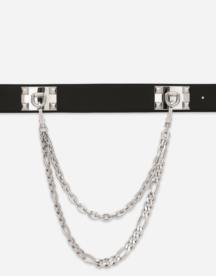 Calfskin belt with chain and branded tag - 6