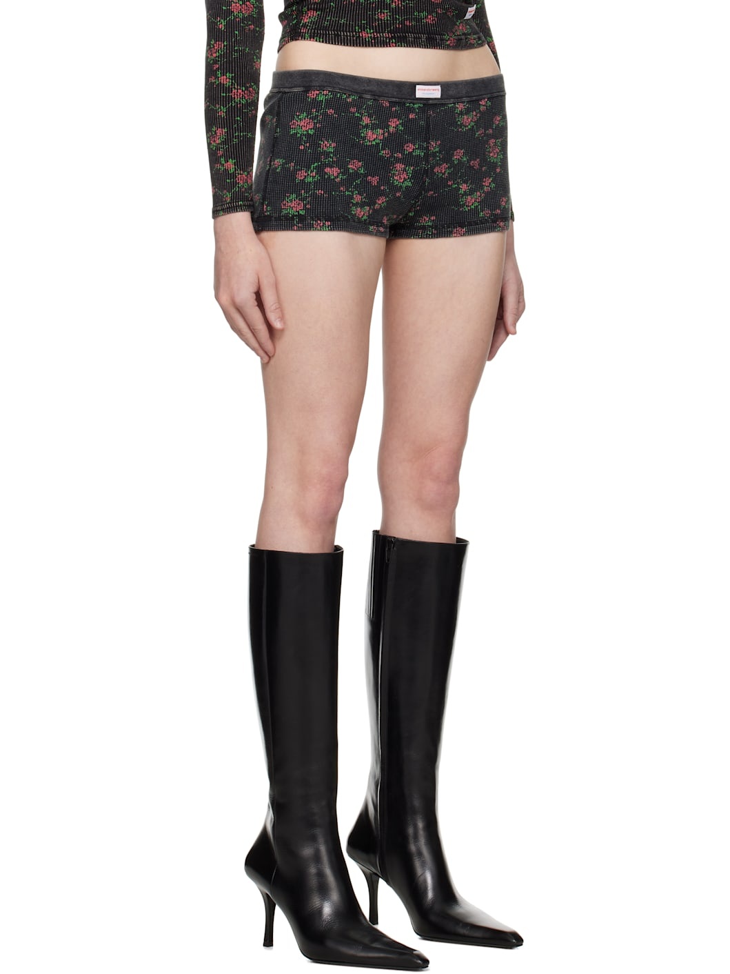 Black Floral-Print Waffle Knit Boy Shorts - 2