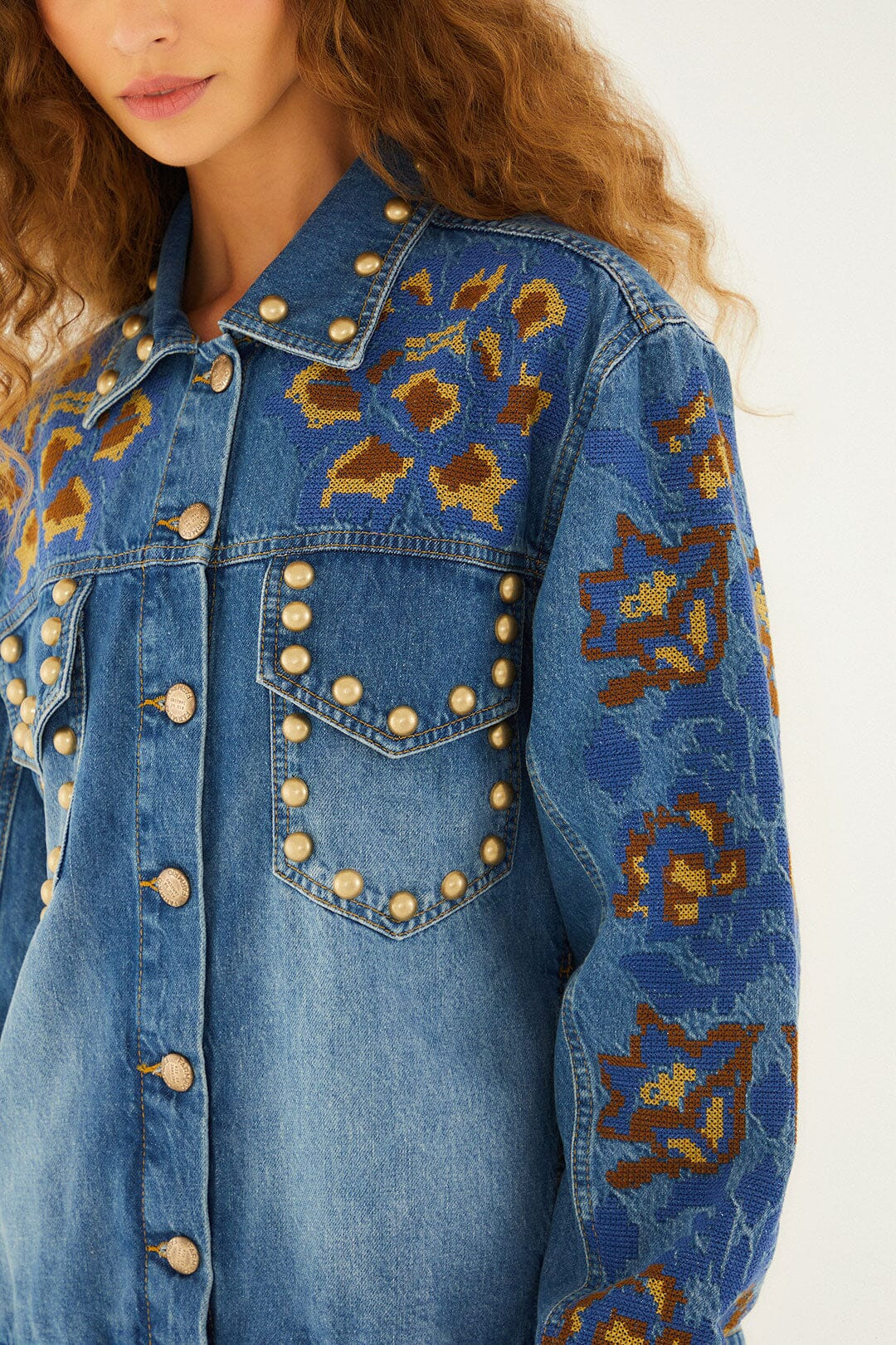 Denim Metal Details Embroidered Jacket - 3