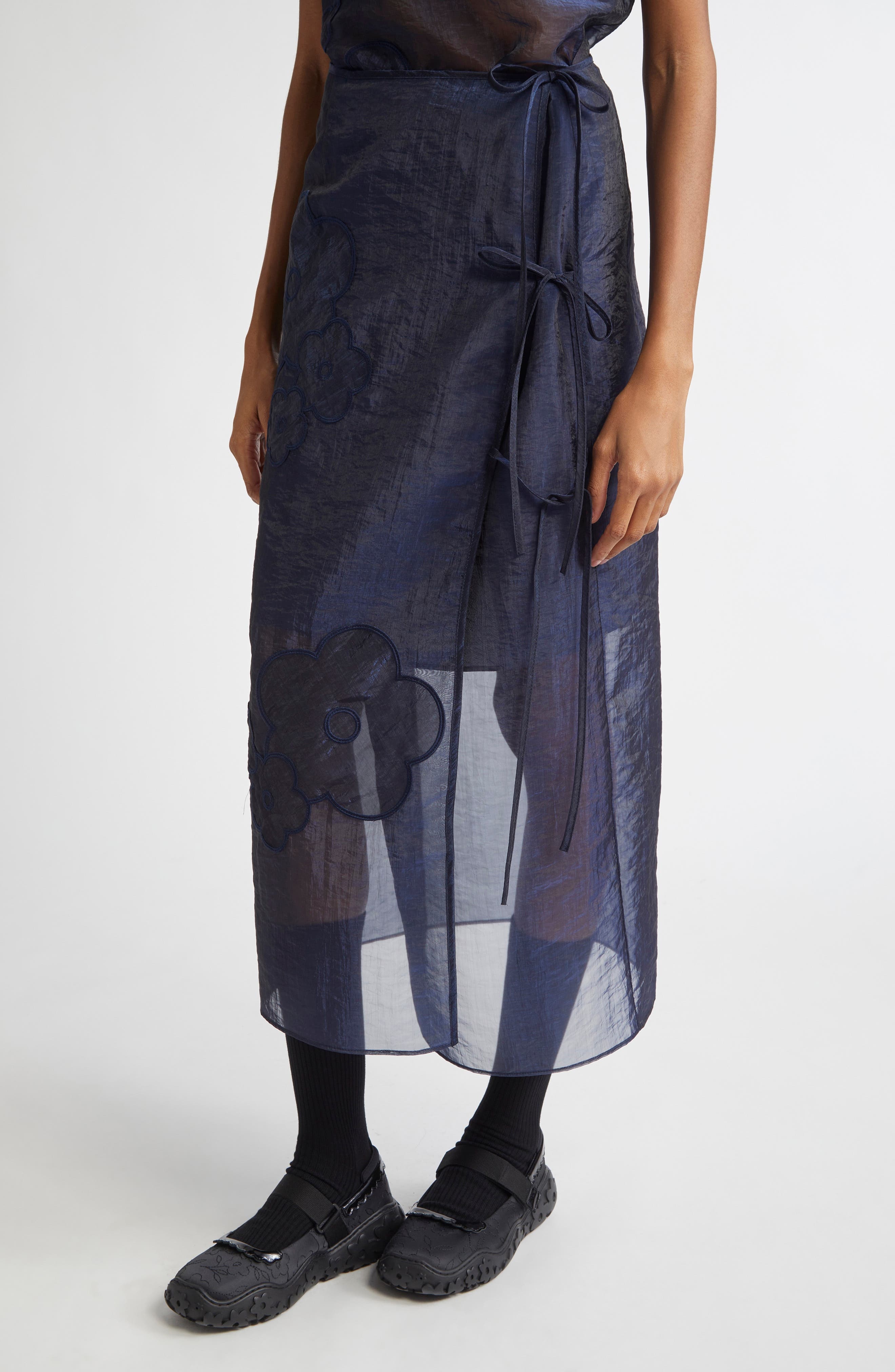 Cecilie Bahnsen April Floral Embroidered Wrap Skirt in Navy at Nordstrom - 5