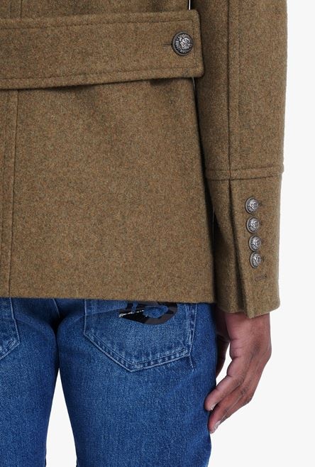 Light khaki wool military pea coat with double-breasted silver-tone buttoned fastening - 10