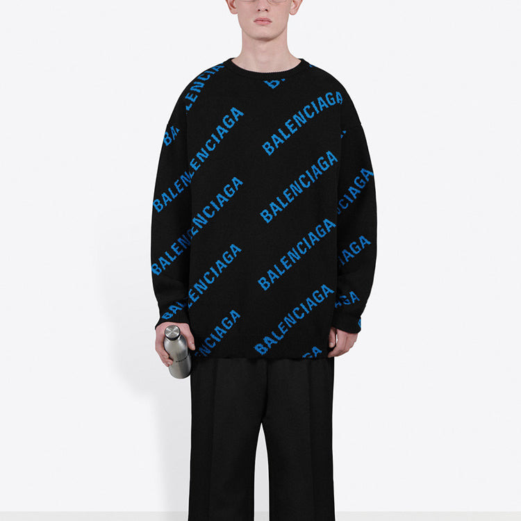 Balenciaga Allover Logo Crewneck Sweater 'Black Blue' 625970T31781165 - 3