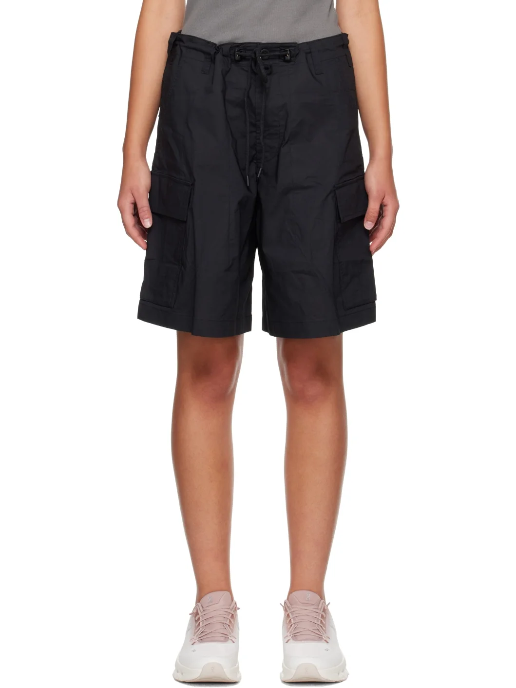 Black Woven Cotton Oversized Cargo Shorts - 1