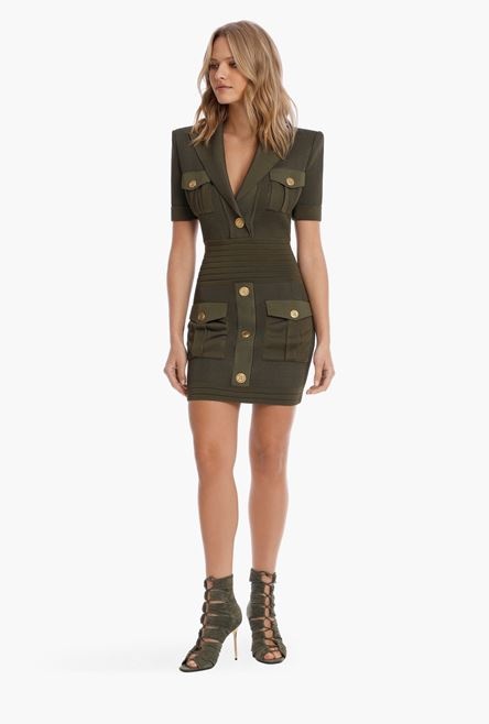 Short olive green viscose dress with gold-tone buttons - 2