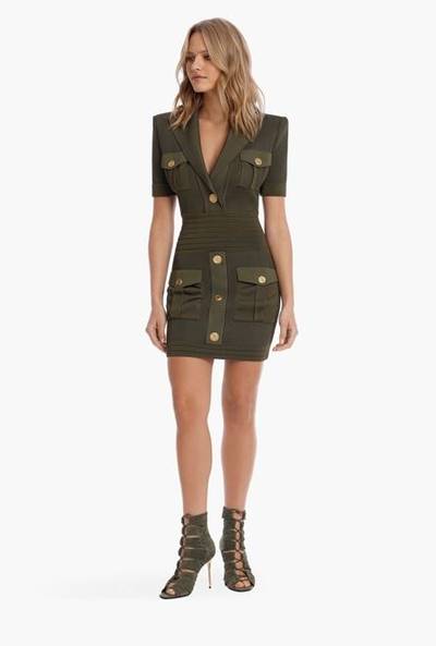 Balmain Short olive green viscose dress with gold-tone buttons outlook