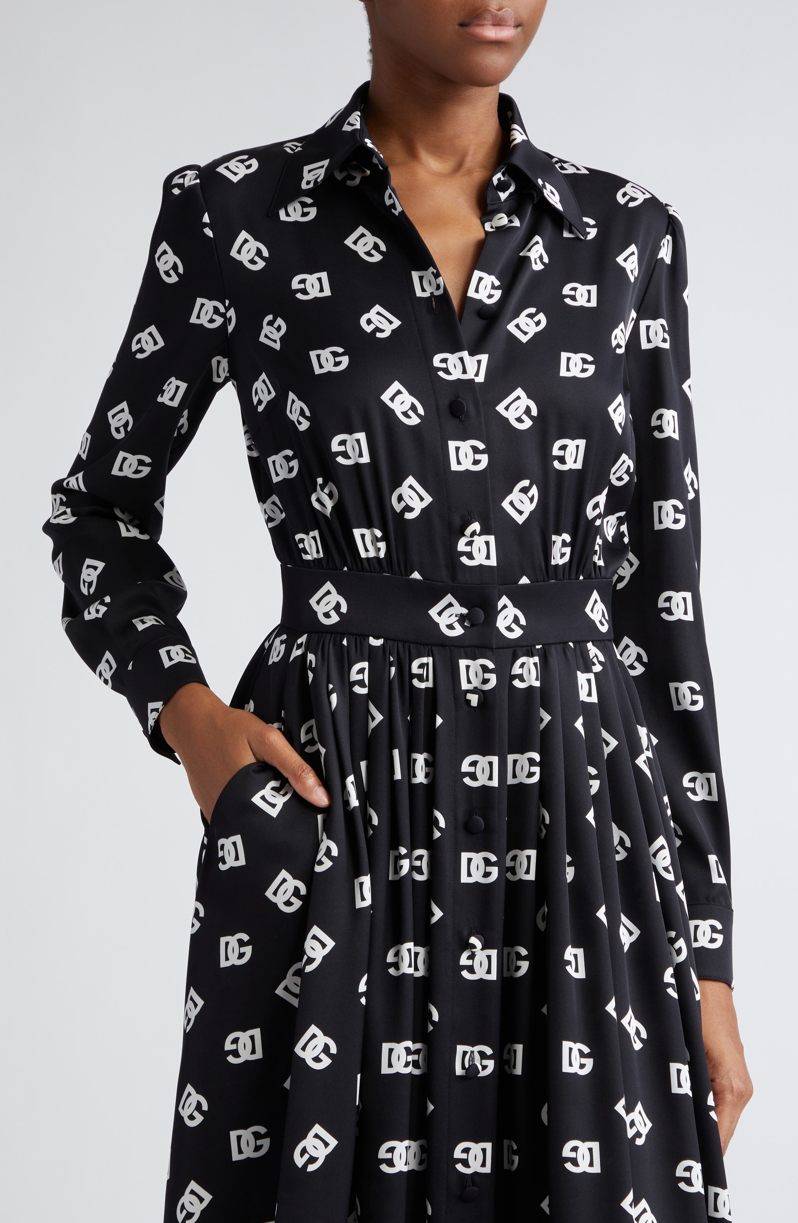 Pleated Monogram Logo Long Sleeve Stretch Silk Charmeuse Midi Dress - 5