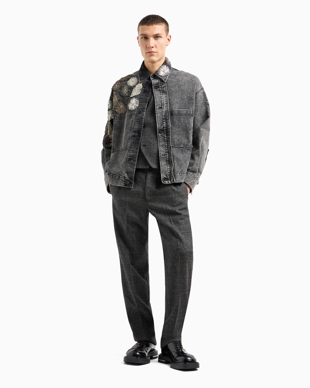 GARMENT-TREATED DENIM JACKET WITH METALLIC NAUTICAL EMBROIDERY - 4