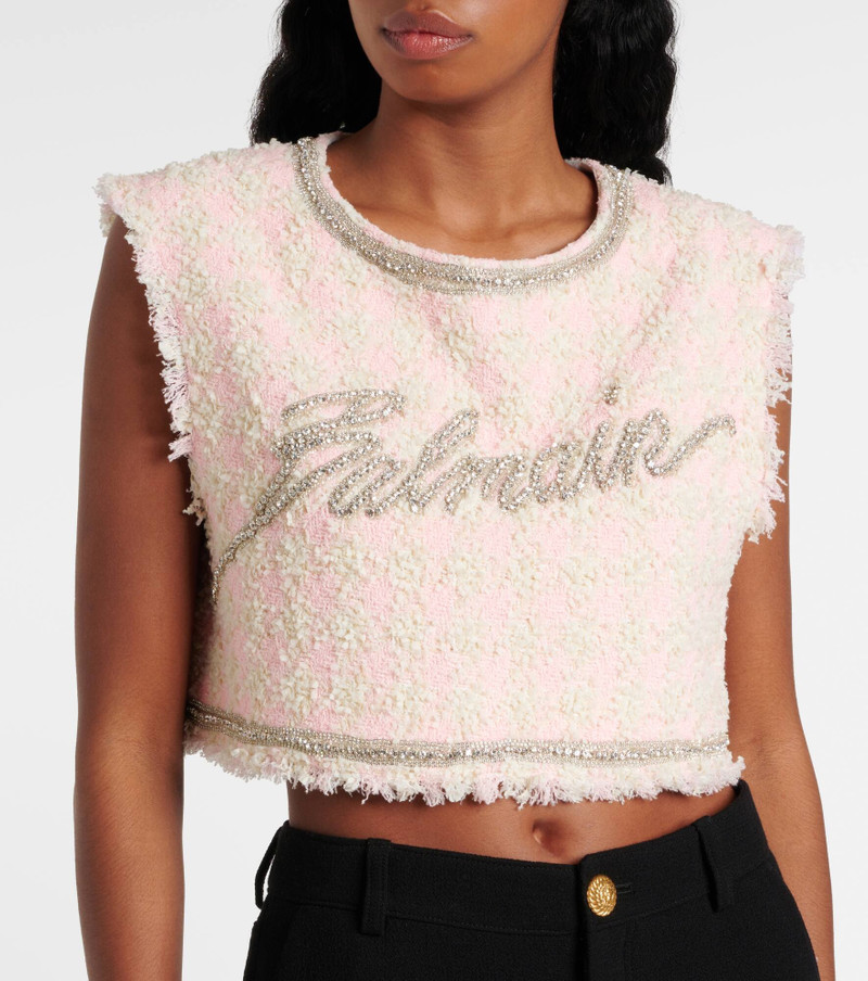 Logo embellished bouclé crop top 5