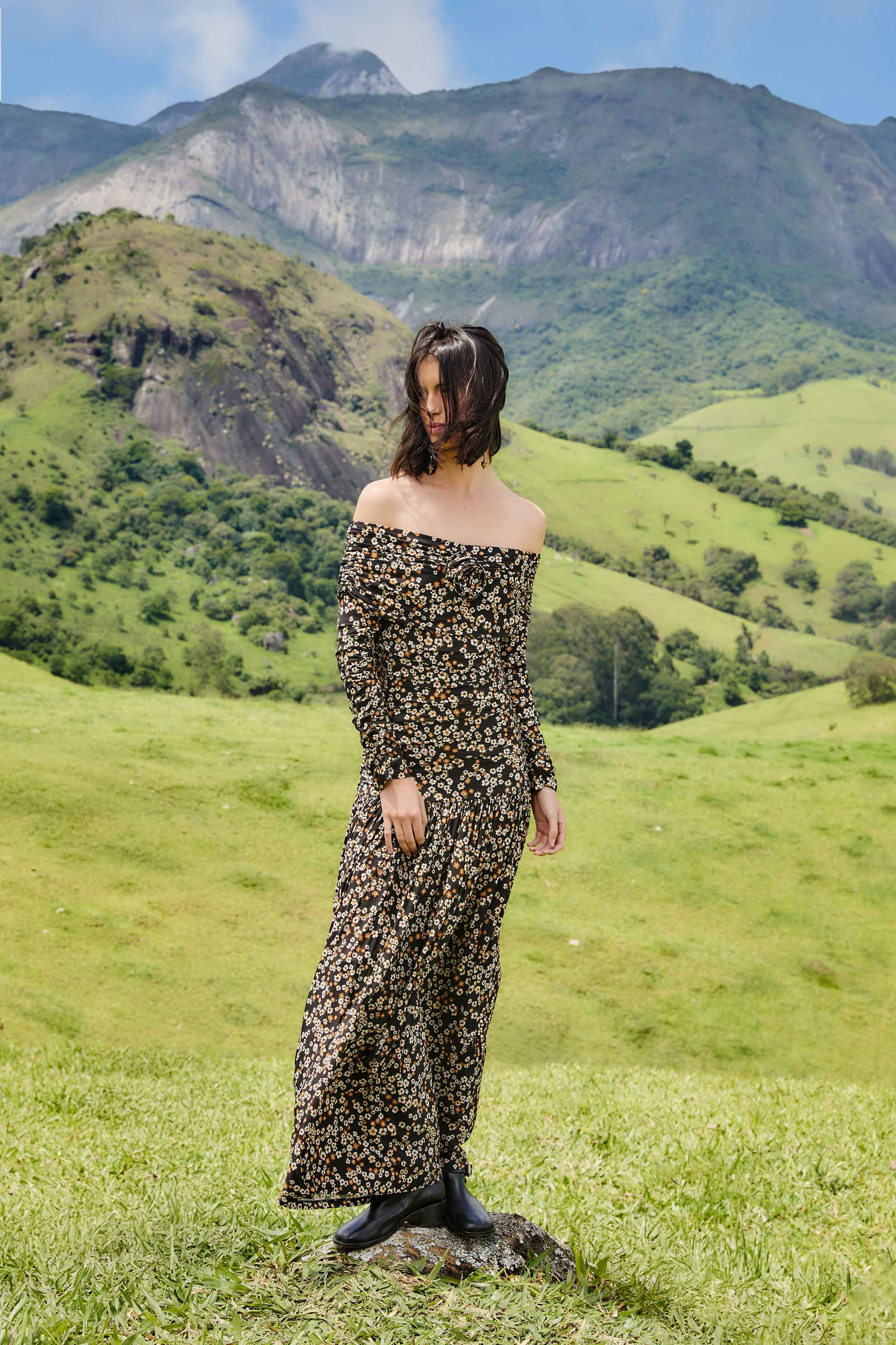 Black Tiny Flowers Long Sleeve Maxi Dress - 2