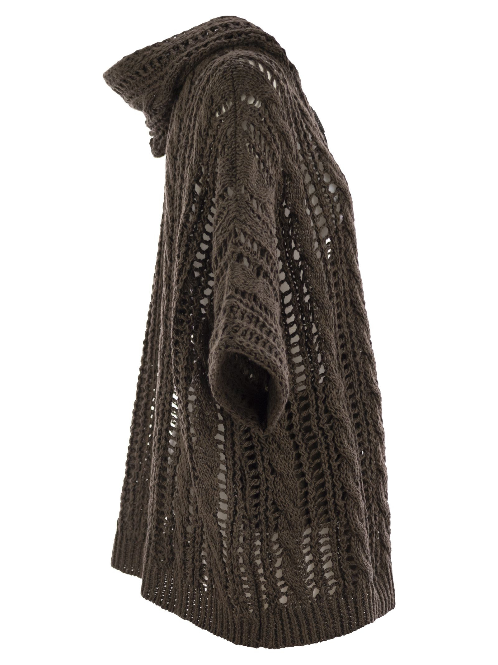 Brunello Cucinelli Women Cable & Mesh Jute And Cotton Cardigan With Hood And Shiny Zipper Pull - 3
