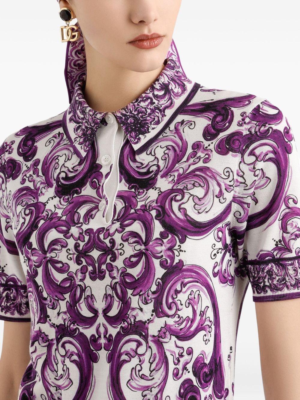 Majolica-print silk polo top - 4
