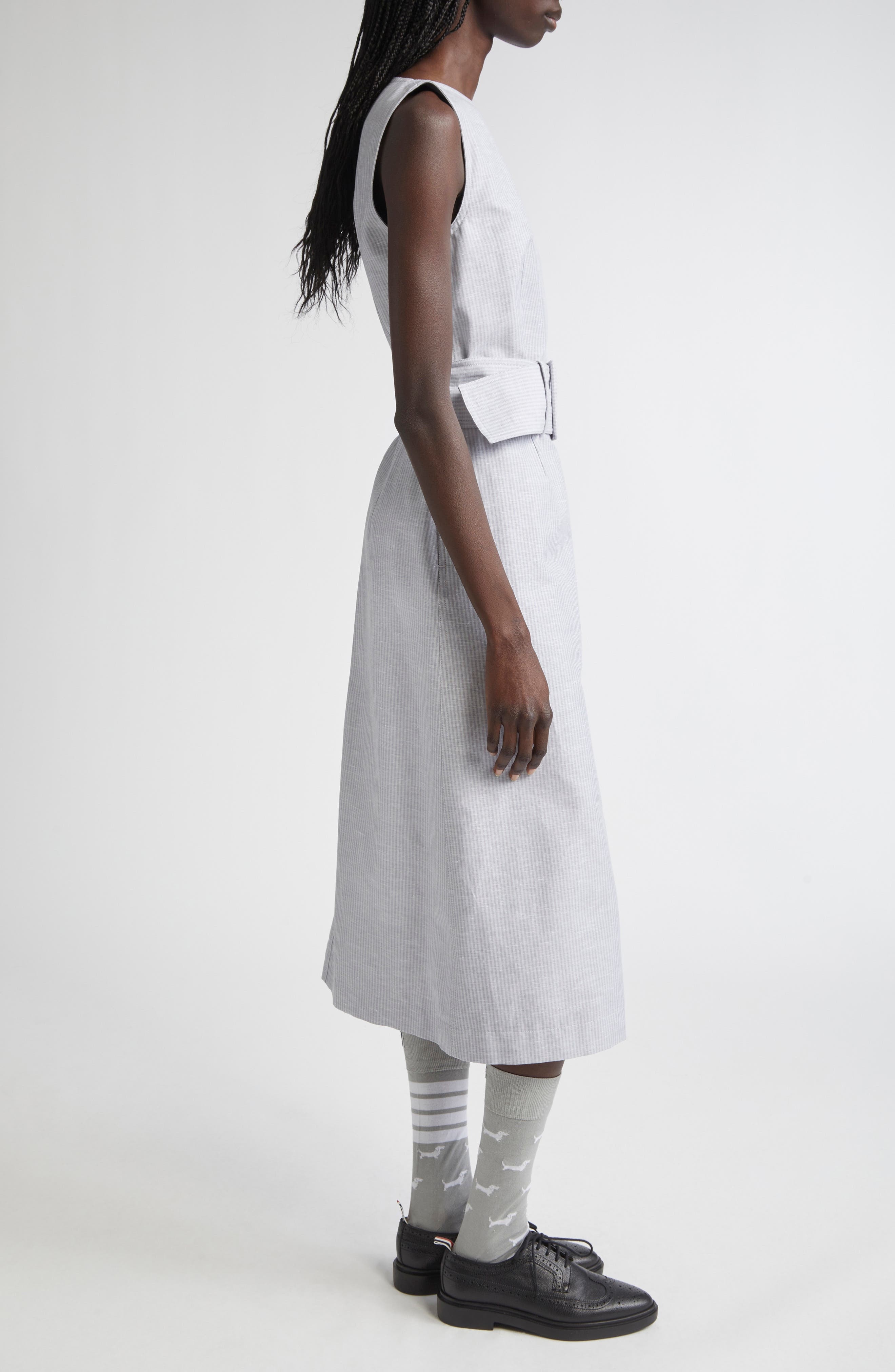 Thom Browne Stripe Bateau Neck Linen Blend Column Dress in Light Grey at Nordstrom - 3