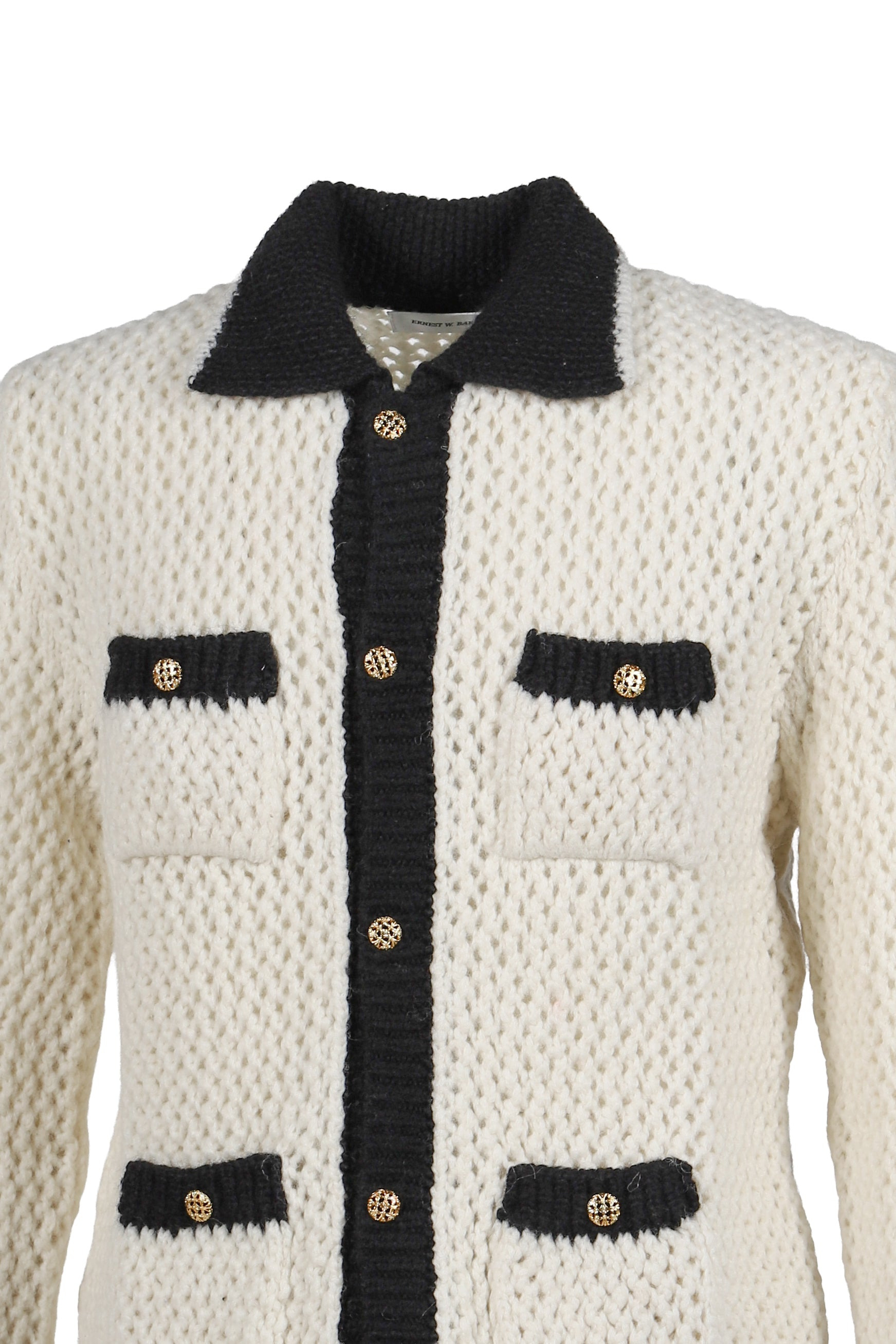 CROCHET CONTRAST POCKET CARDIGAN / WHT BLK - 4