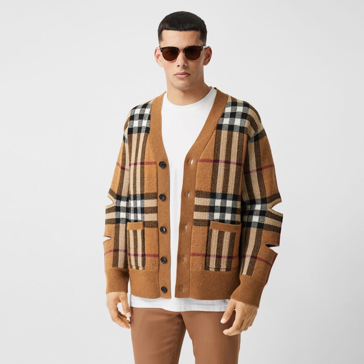 Cut-out Sleeve Check Wool Cashmere Cardigan - 2