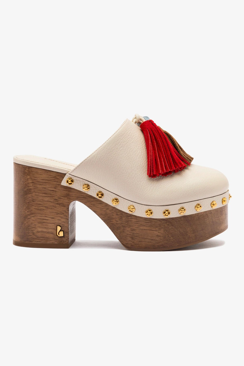 Miso Wooden Tassel Clog In Ivory Leather 1