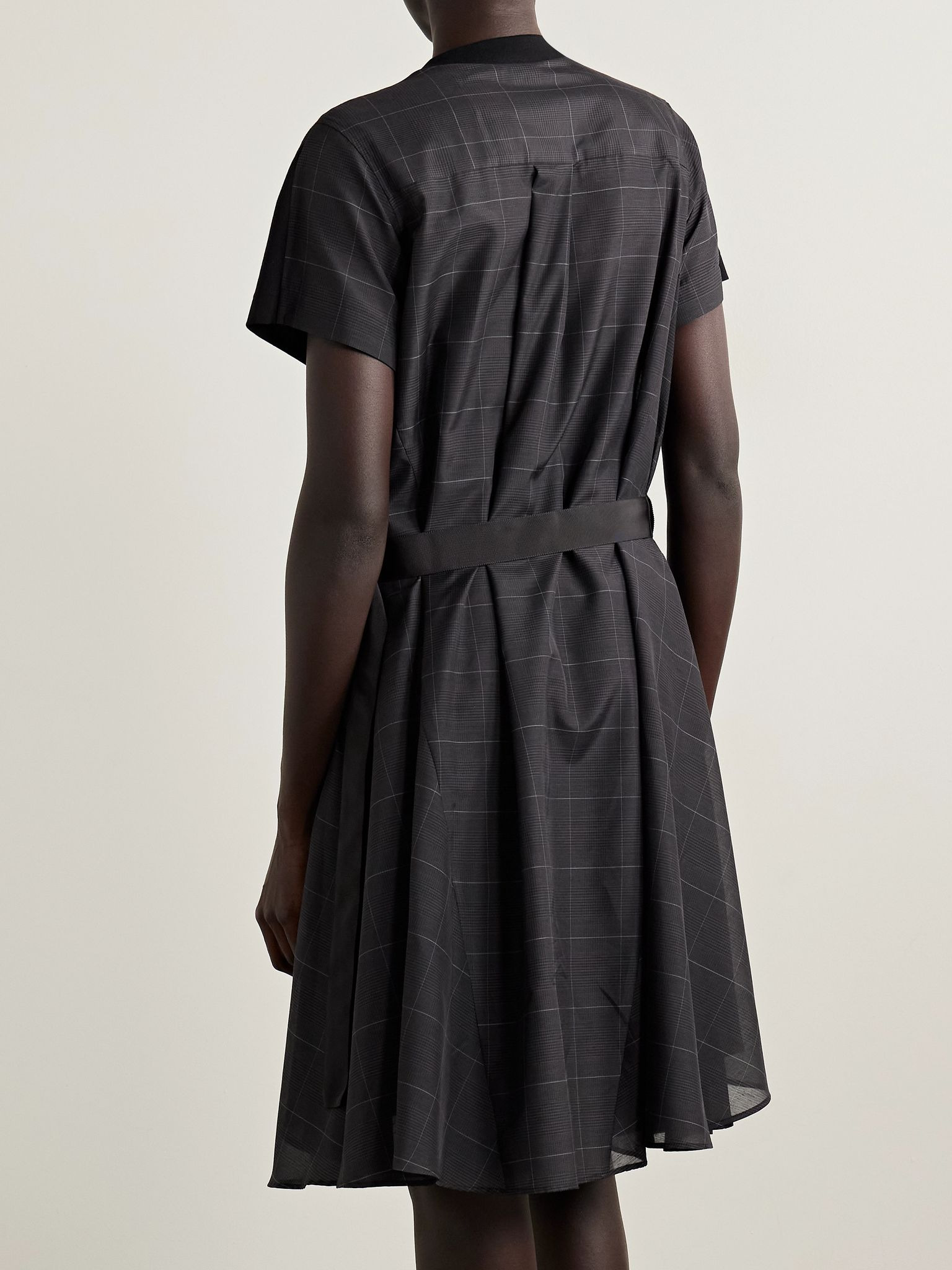 Belted cotton-jersey and checked voile midi dress Black - 3