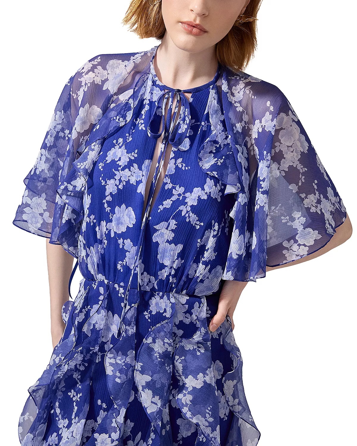 Silk Short Sleeve Tie Cape Ruffle Dress - 2