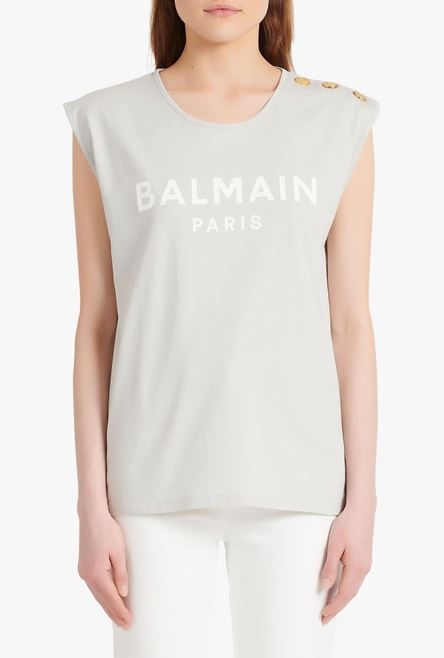 Light gray eco-designed cotton T-shirt with white Balmain logo print - 5