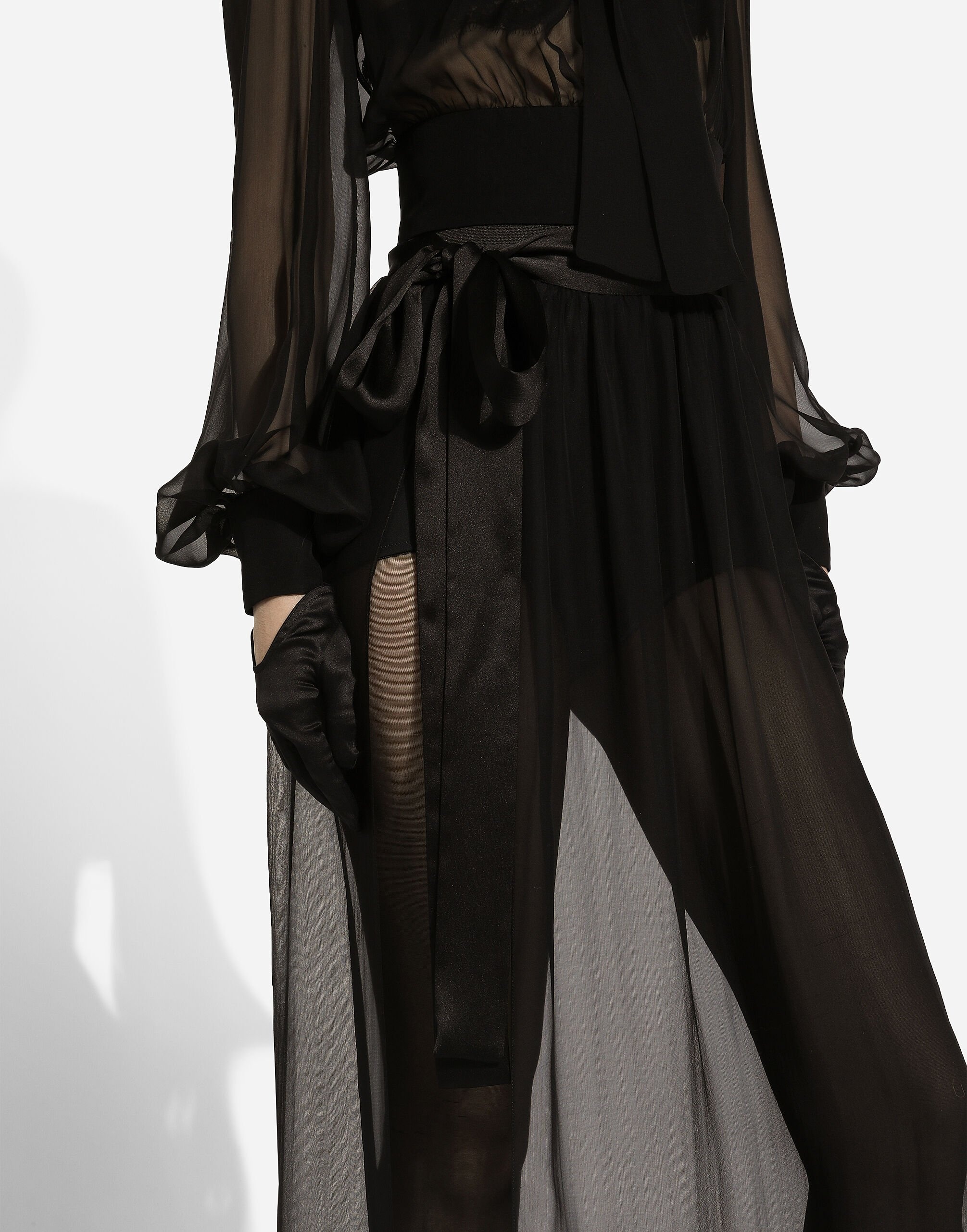 Long silk chiffon skirt with belt - 5