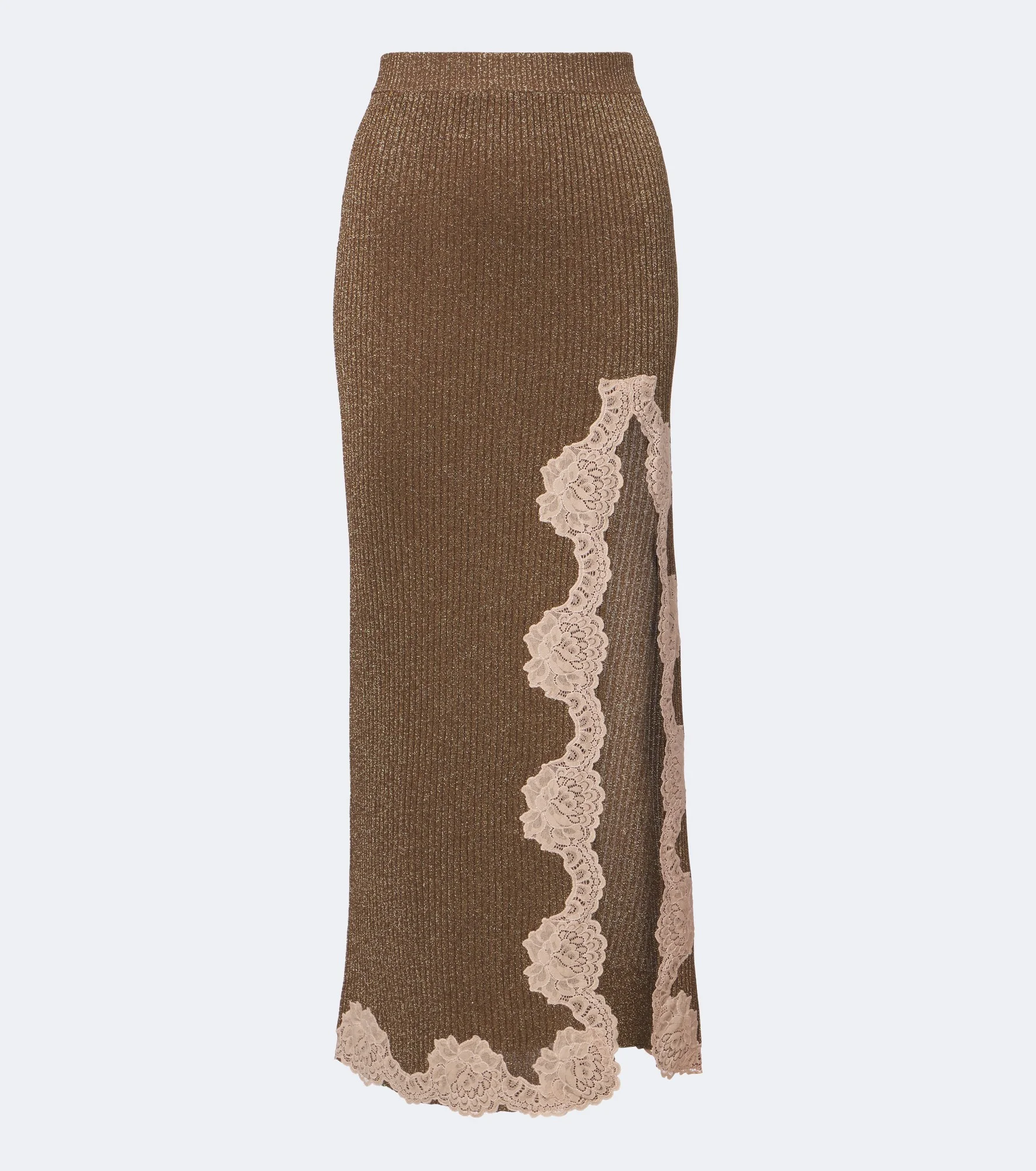 Lace-trimmed ribbed-knit lamé maxi skirt - 1