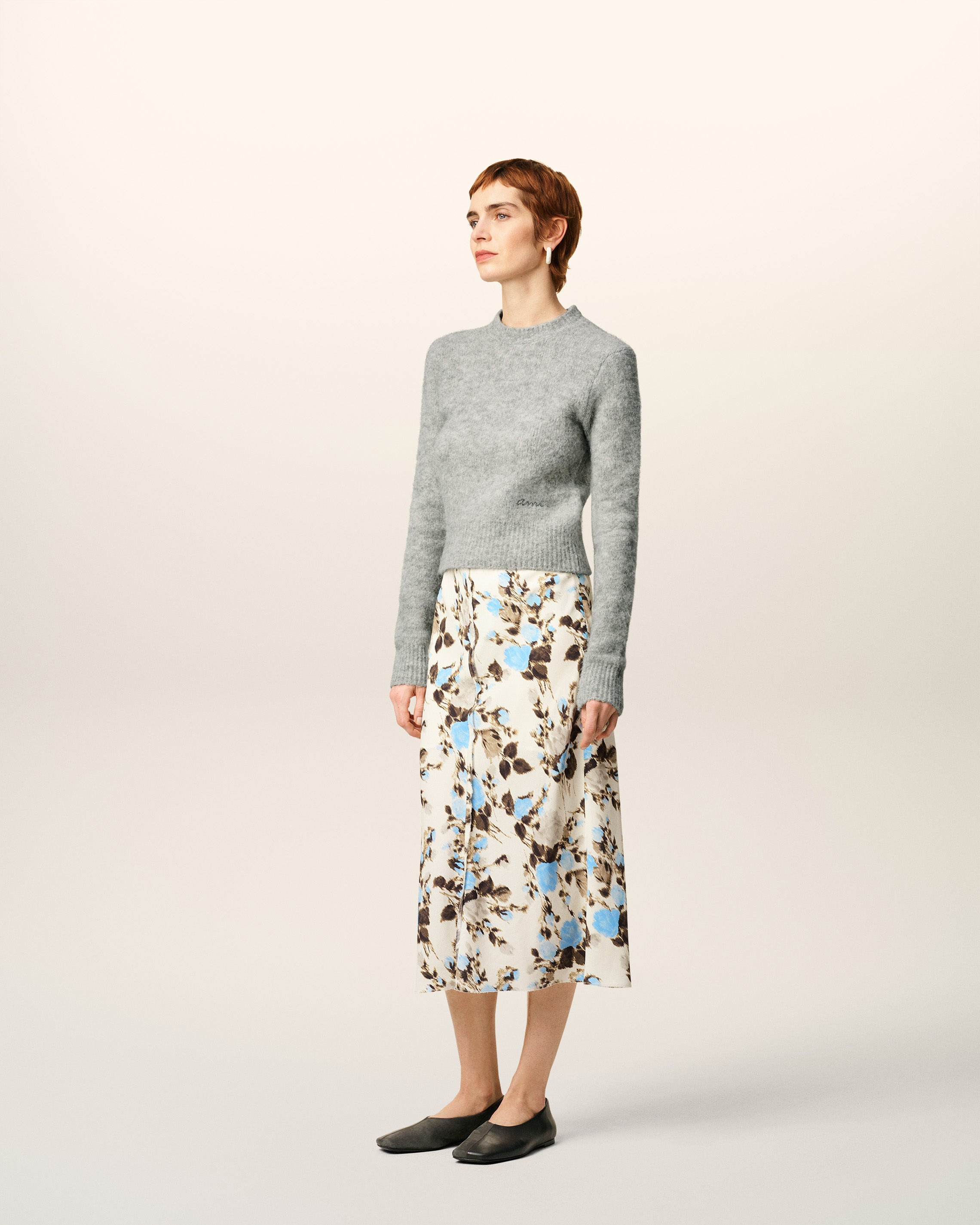 BLUE FLOWER PRINTED  RAW EDGES DETAILS MIDI SKIRT - 6