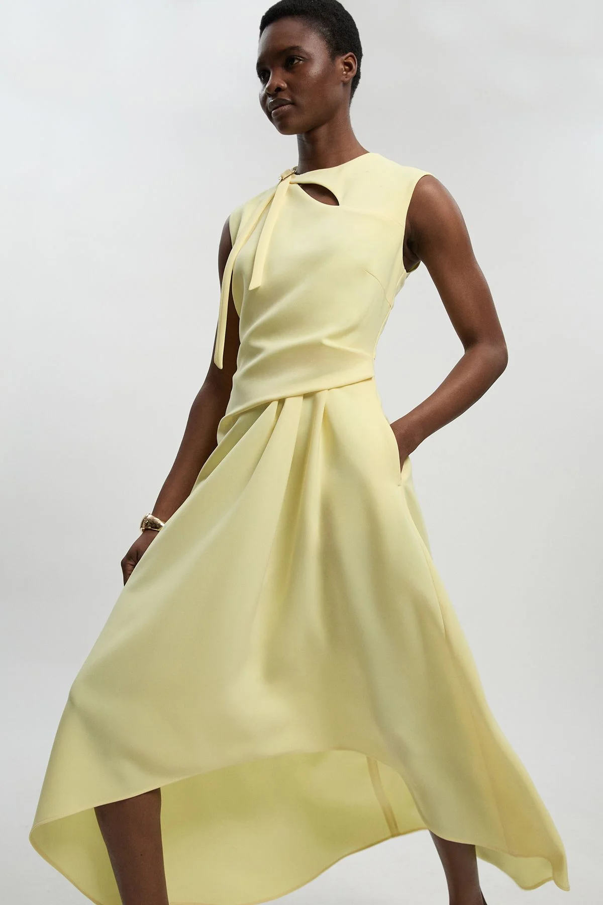 Polished Tailored Drape Neck Full Skirt Dress - 1