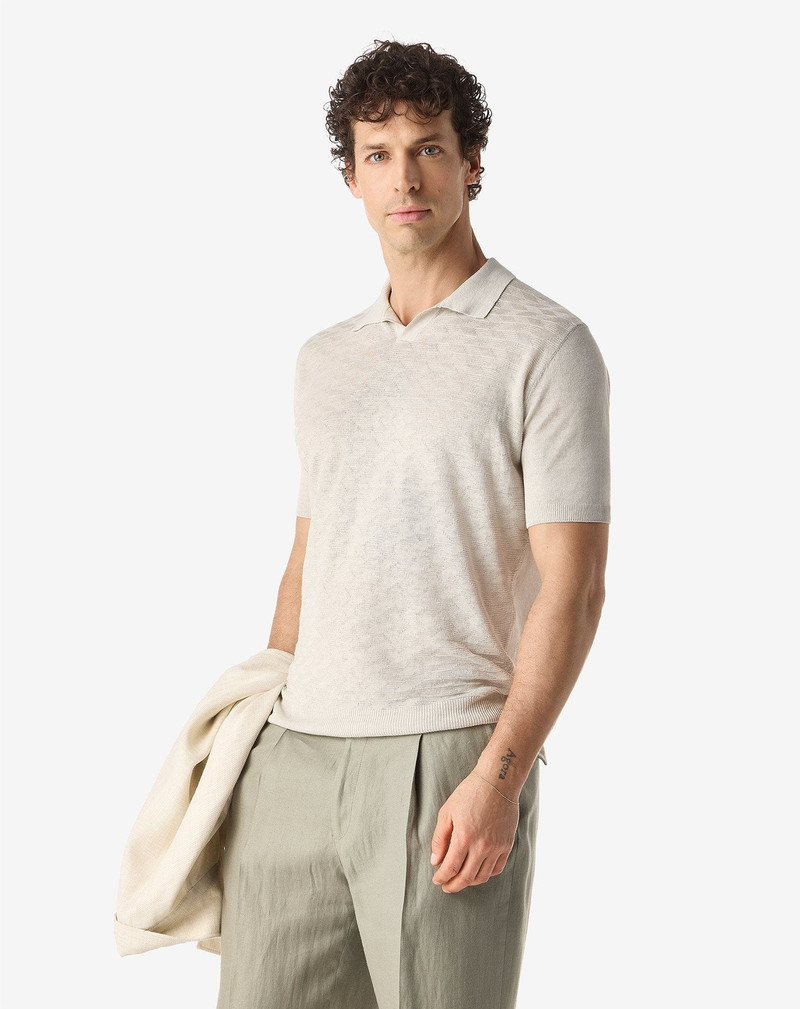 CORNELIANI Light beige buttonless linen polo shirt outlook