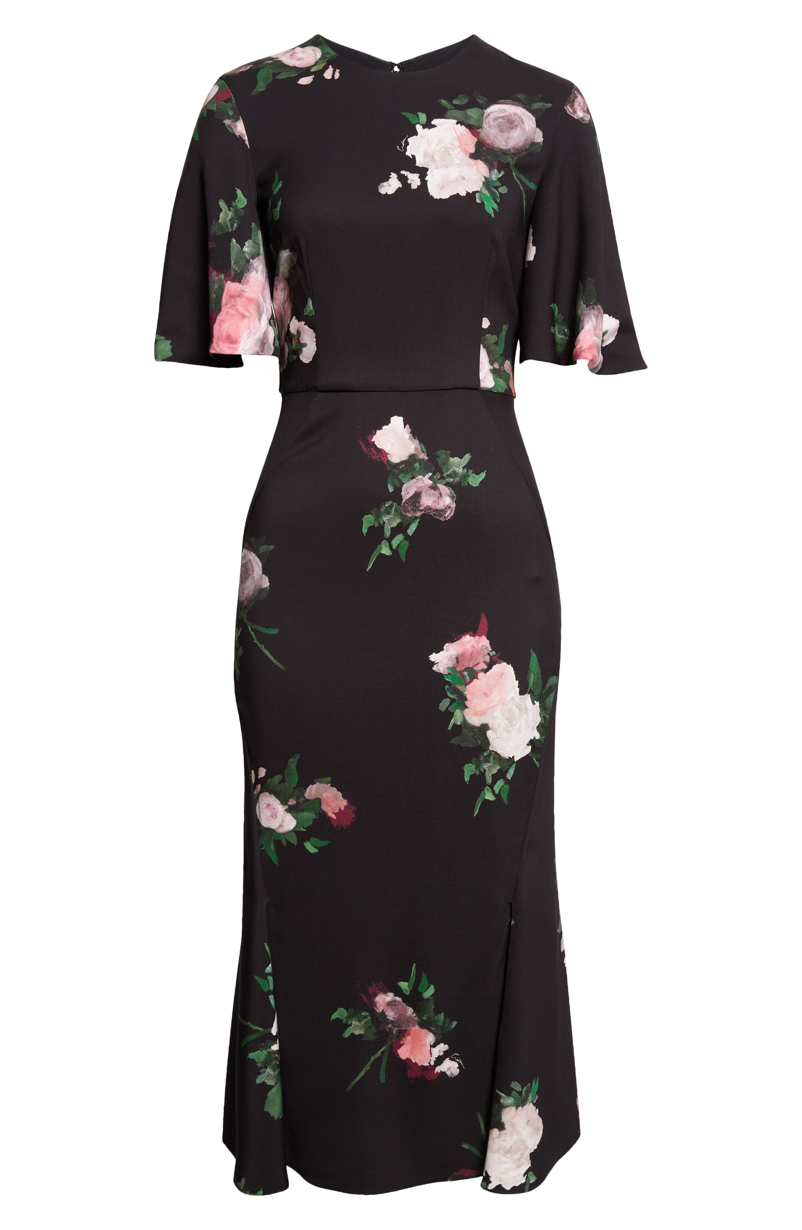 Erdem Floral Flutter Sleeve Stretch Cady Midi Dress in Painted Rose Bouquet Black at Nordstrom - 5