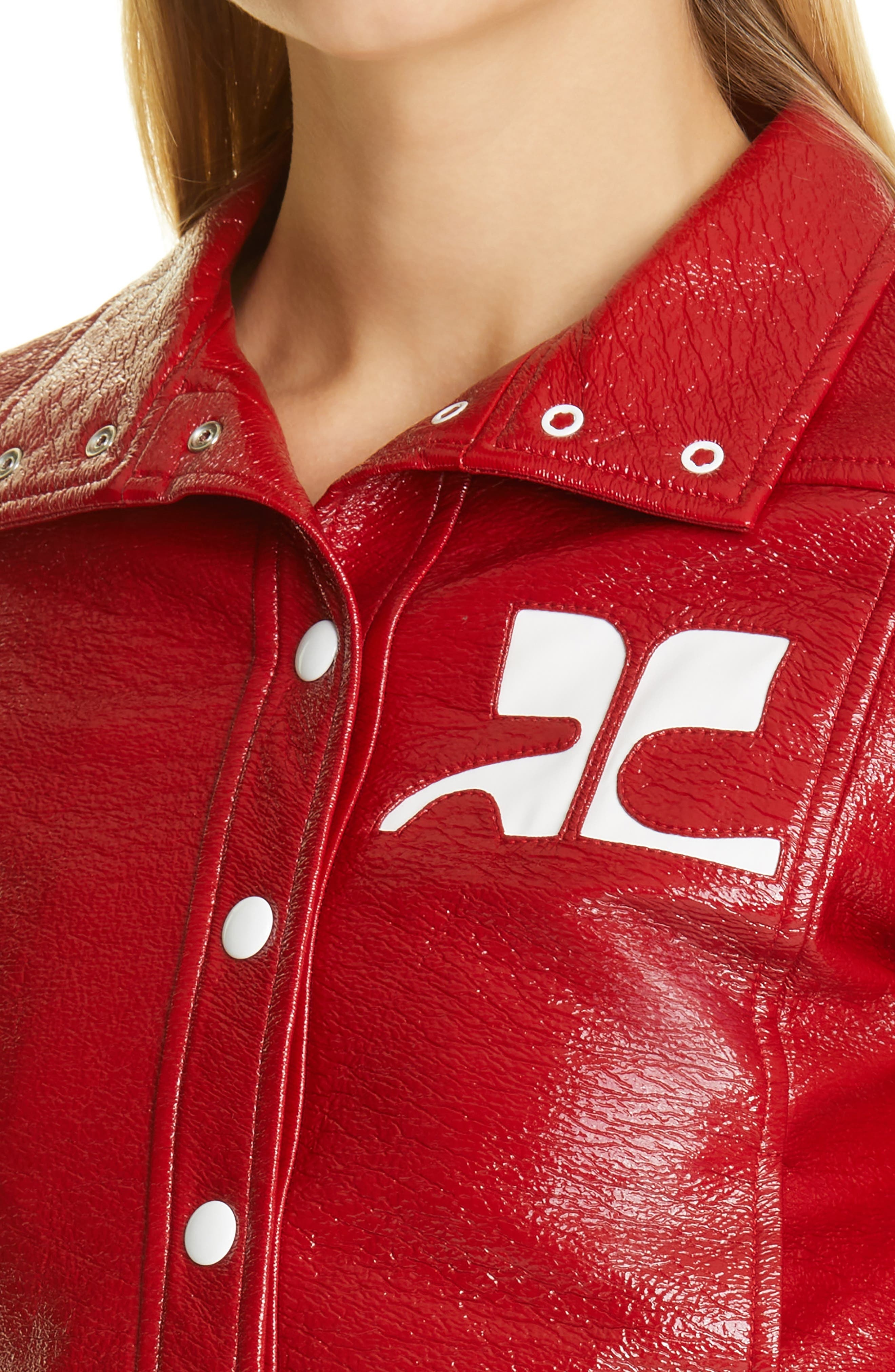 Courrèges Logo Patch Coated Stretch Cotton Crop Jacket in Groseille at Nordstrom - 4