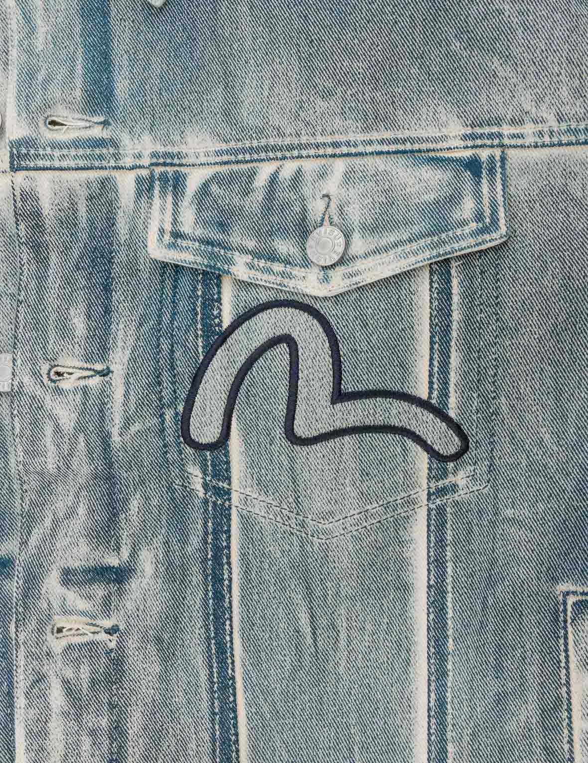KAMON AND SEAGULL APPLIQUÉ WITH RUBBING PRINT FASHION FIT DENIM JACKET - 12