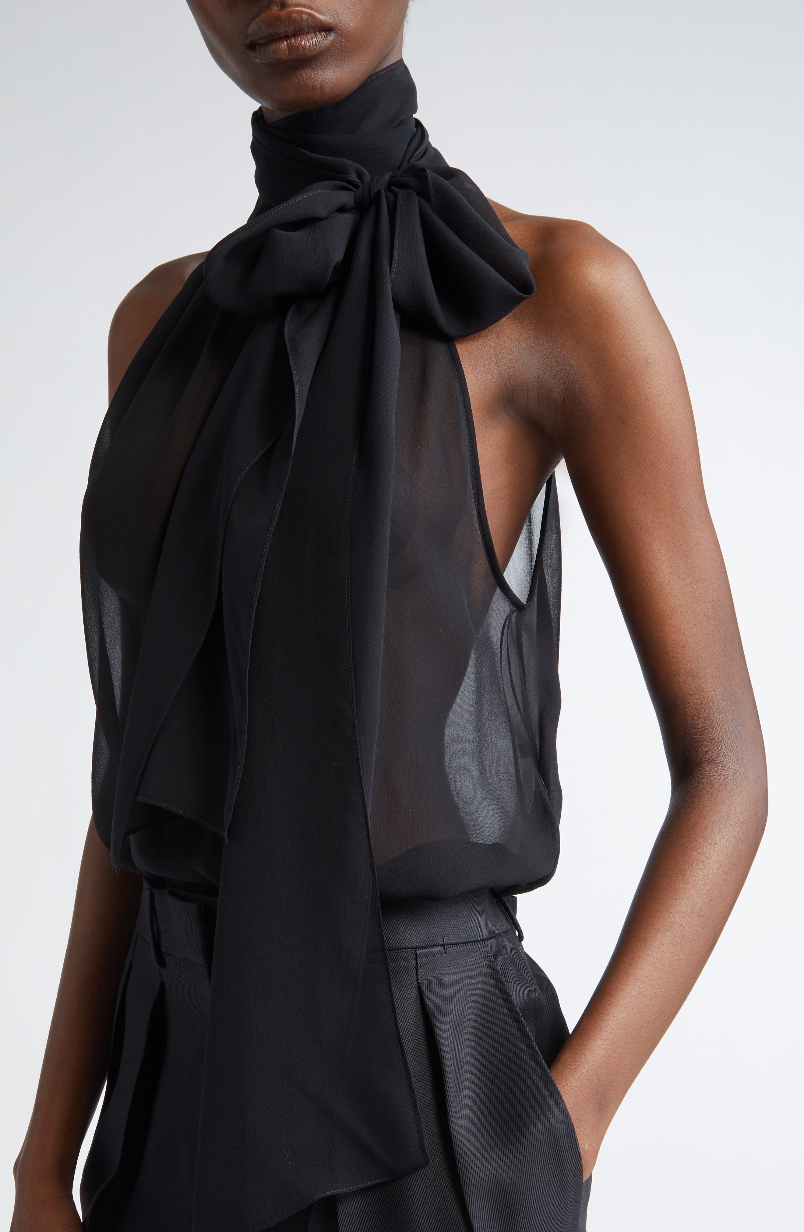 TOM FORD Silk Georgette Tie Neck Top in Black at Nordstrom - 5