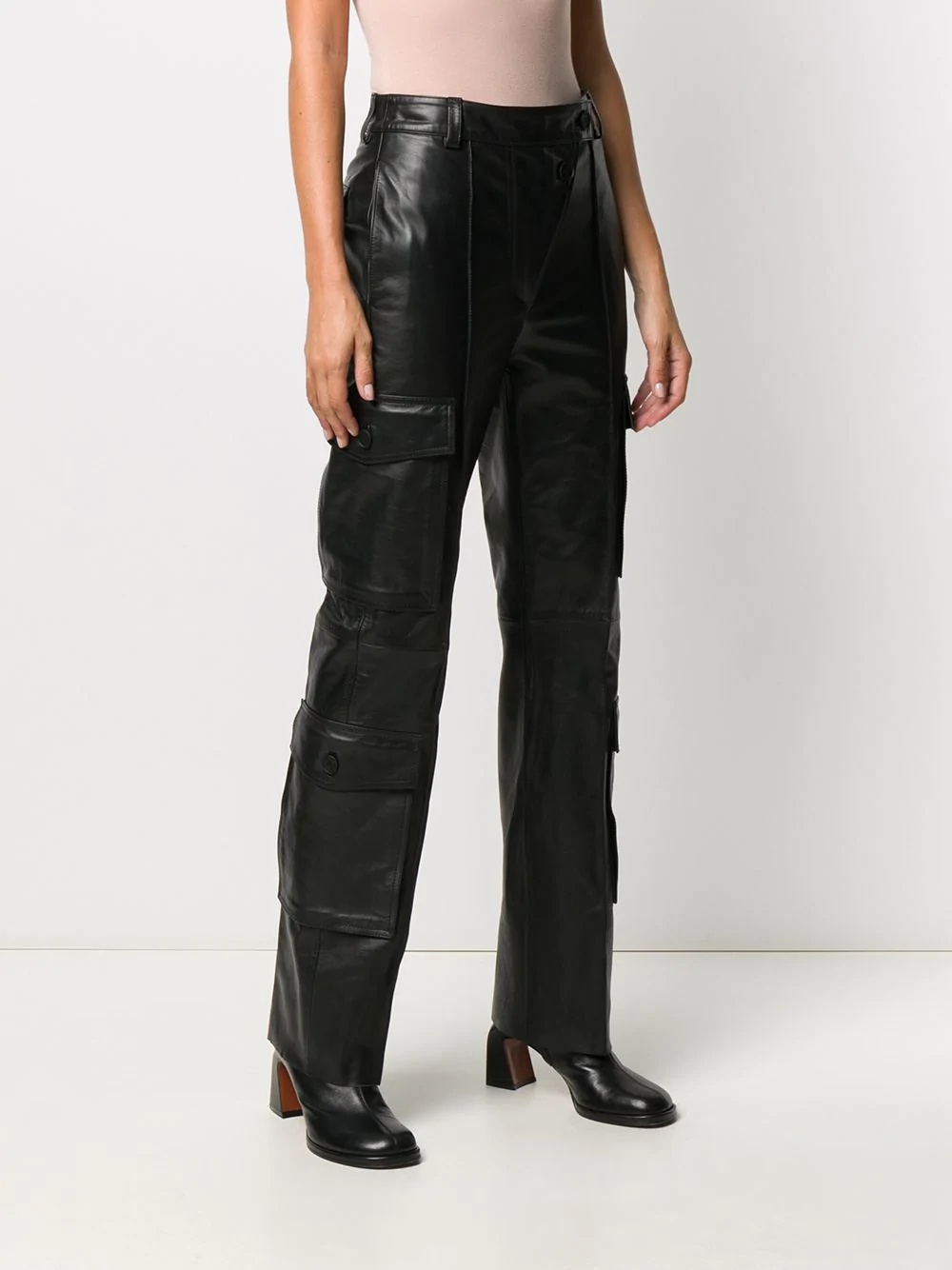 cargo leather straight trousers - 3